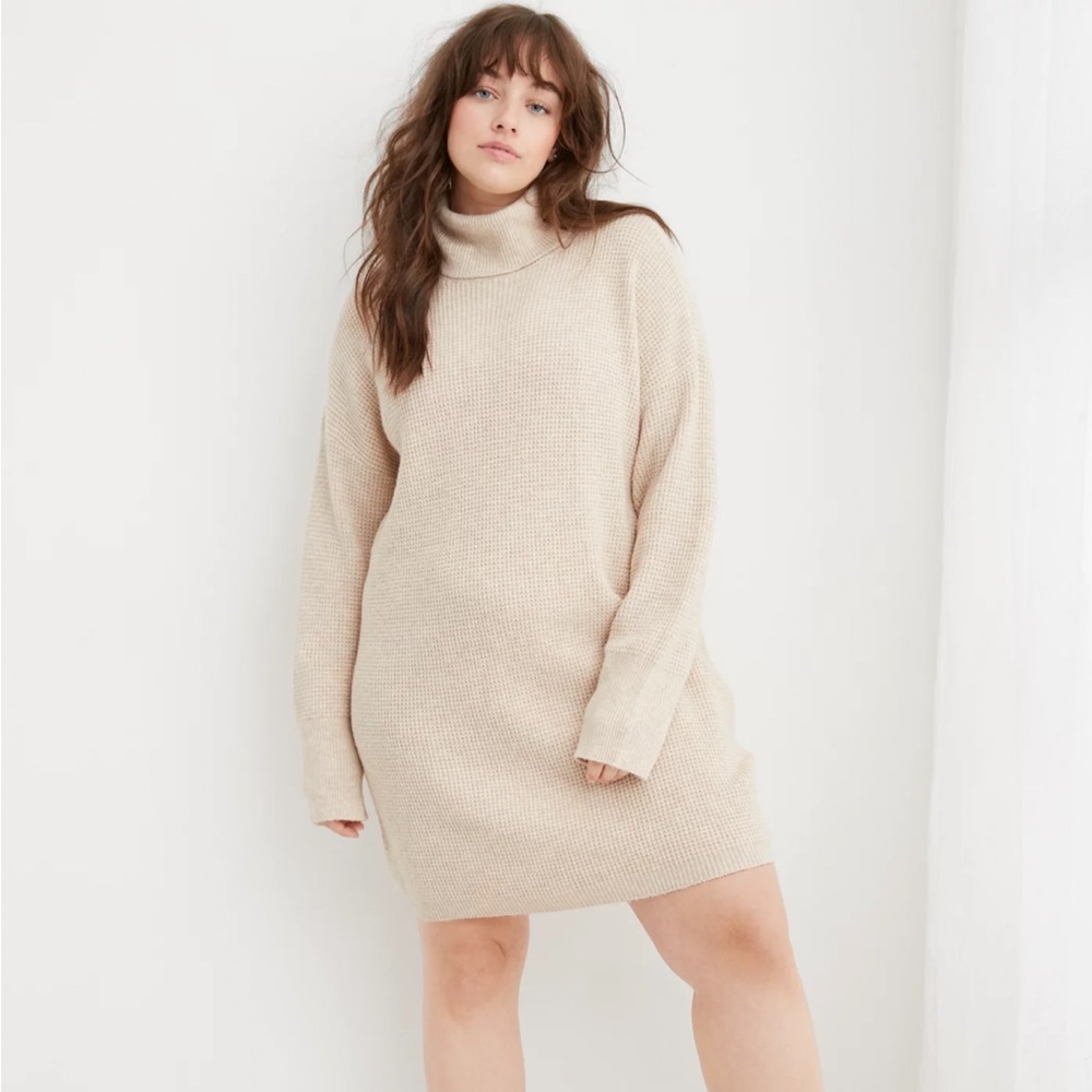 Aerie Cream CozyUp Waffle Knit Long Sleeve Turtleneck Tunic Sweater Mini Dress L